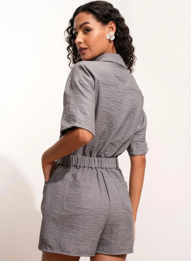 Tokyo Talkies Tokyo Talkies Textured Collared Jumpsuit with Button Detail
