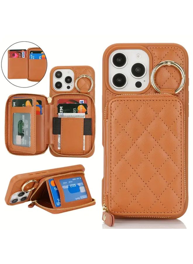 محفظة هاتف باللون البني الفاتح متوافقة مع آيفون 16 برو، تحتوي على فتحة للبطاقات، جيب بسحاب وحلقة حامل - Image 1