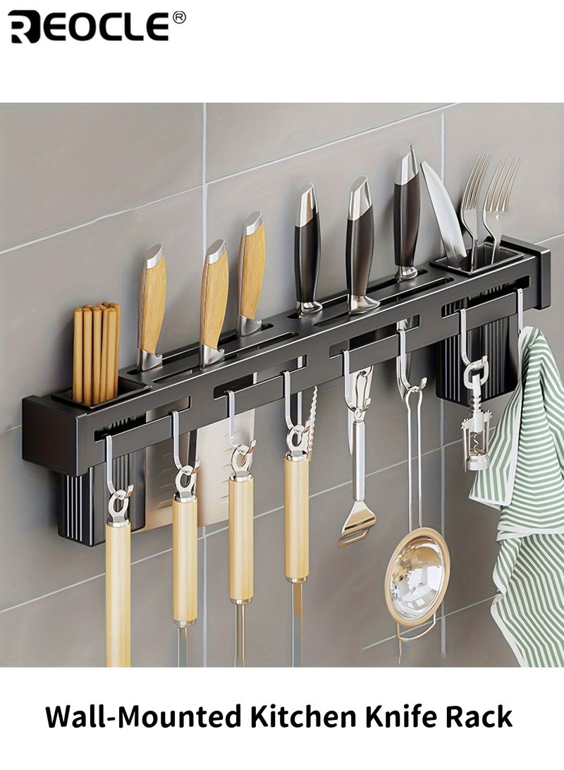 REOCLE Stainless Steel Wall Mounted Kitchen Knife Rack with 8 Hook Holder Detachable Storage Rack for Knives Chopsticks Drilled and Non-Drilled Installation for Home Use - Image 1