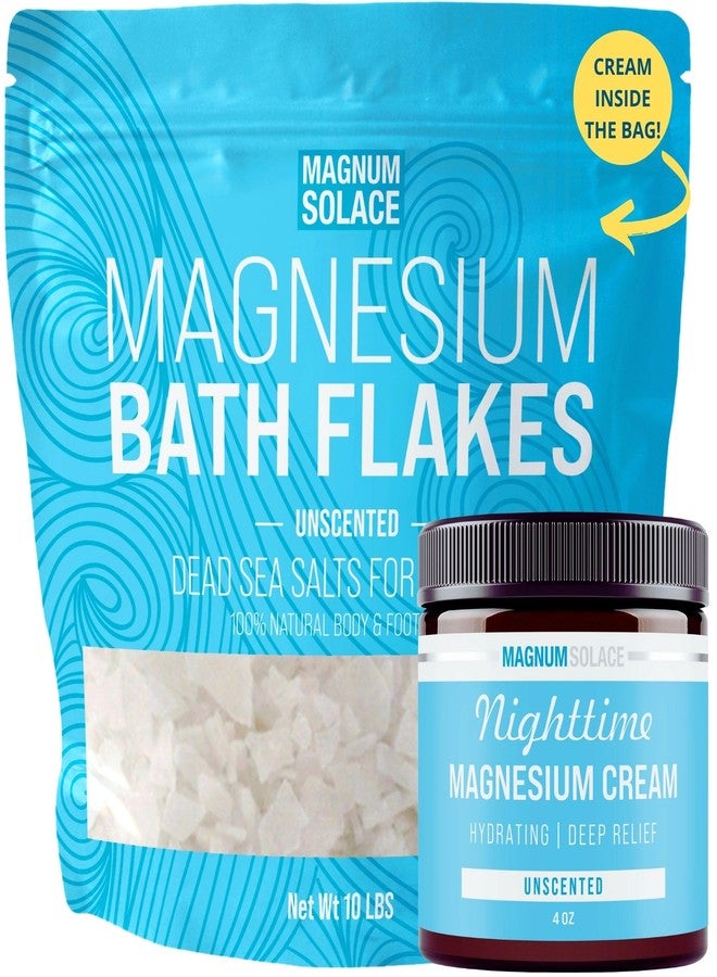 Magnum Solace Magnesium Flakes for Bath, 10 lbs + Nighttime Magnesium Cream That Comes Inside The Bag - Image 1