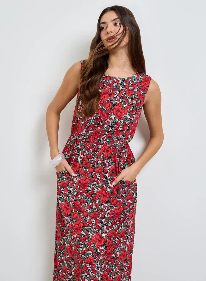 Take Two Red Floral Print Sleeveless Midi Dress