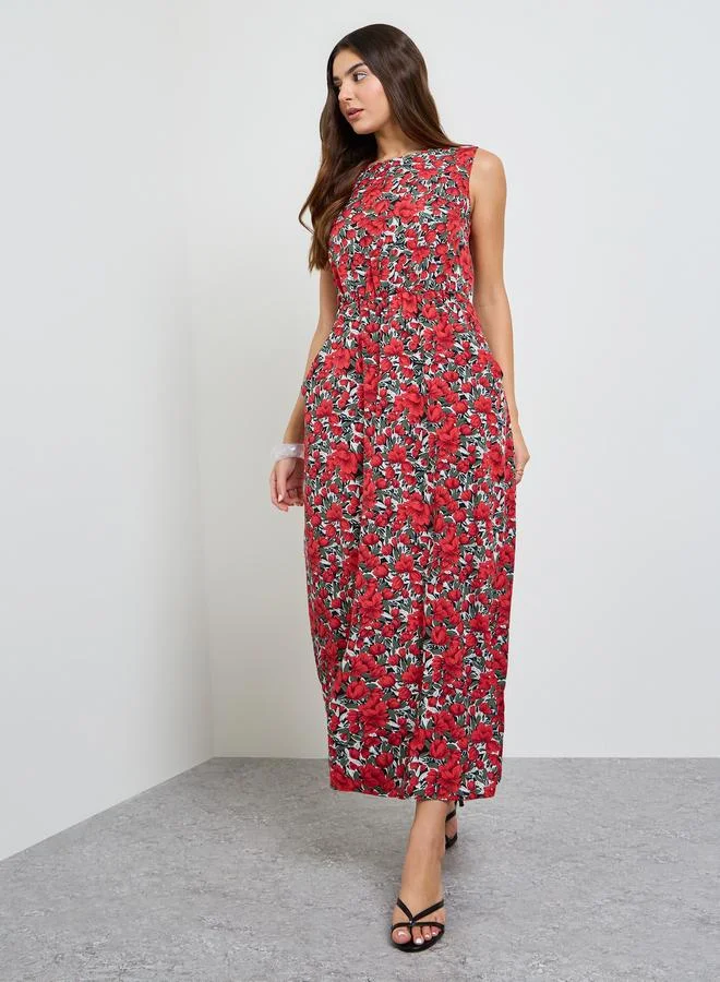 Take Two Red Floral Print Sleeveless Midi Dress
