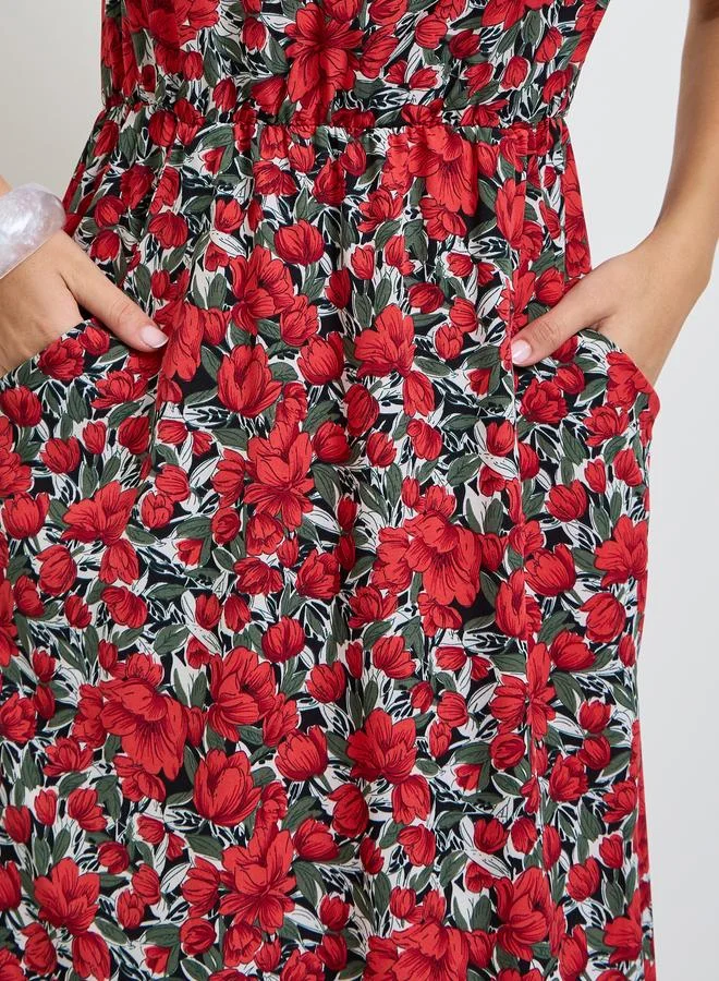 Take Two red floral Red Floral Print Sleeveless Midi Dress for Women | Best Price UAE