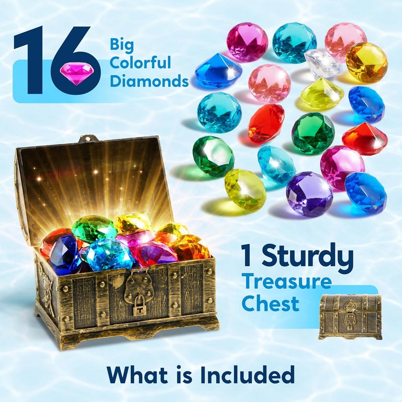 Sloosh Diving Gems Pool Toys,16 Big Colorful Diamond with Pirate Treasure Chest,Swim Dive Toy for Kids Underwater Gemstone Swimming Training Gift Water Toys Pool Games(Silver) - Image 2