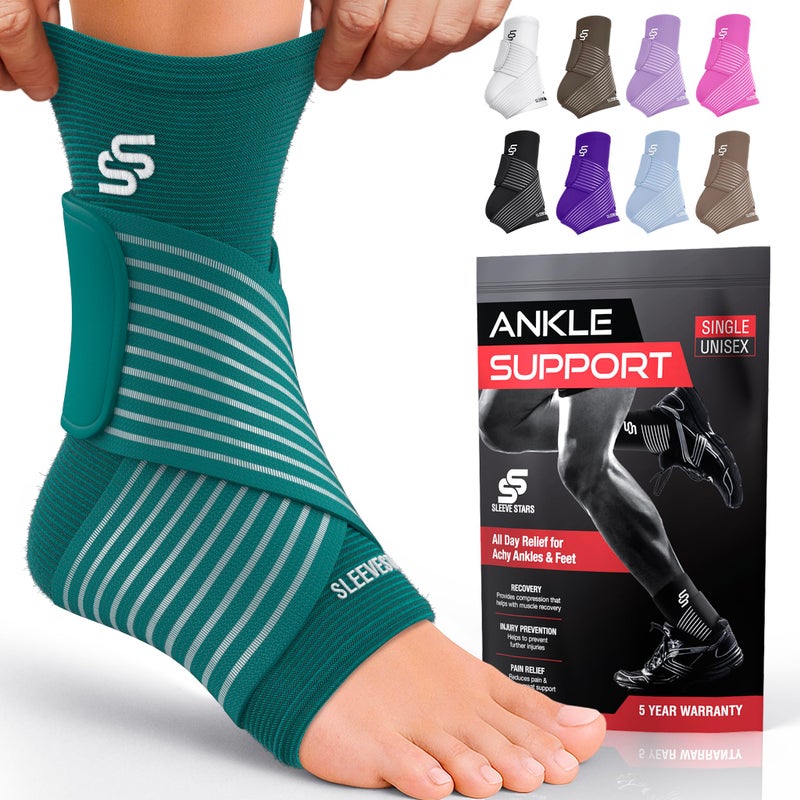 SS SLEEVE STARS Sleeve Stars Ankle Brace for Women Men Ankle Wrap for Sprain Compression Sleeve for Plantar Fasciitis Relief Easy Customizable Support w Removable Strap SingleM1012Turquoise 