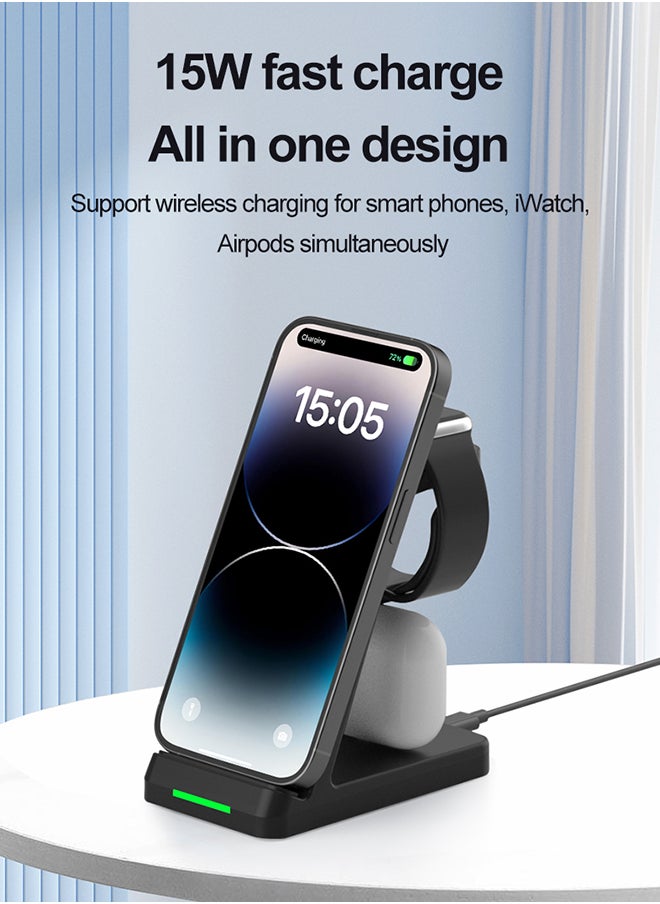 MiOne 3 in 1 15W Wireless Fast Charging Station Black  - Image 3