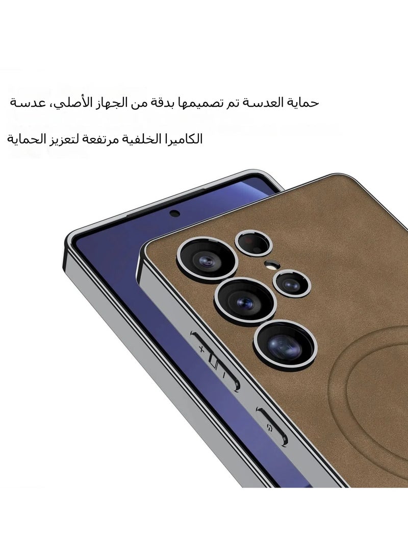 Magnetic Case Compatible with Samsung Galaxy S25 Ultra Case, Electroplating Vegan Leather Frosted Phone Case Soft Edge Protective Cover Support Wireless Charging - Image 2
