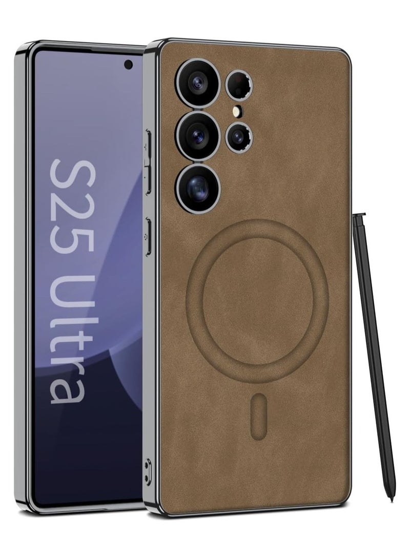 Magnetic Case Compatible with Samsung Galaxy S25 Ultra Case, Electroplating Vegan Leather Frosted Phone Case Soft Edge Protective Cover Support Wireless Charging - Image 1