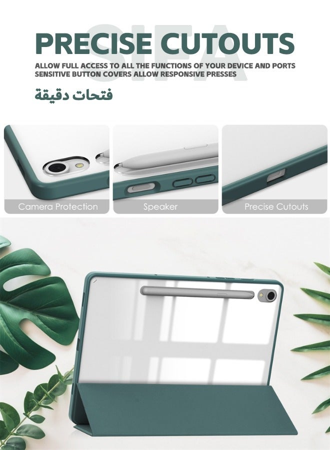 حافظة سامسونج جالاكسي تاب S9/S9 FE، جلد نحيف قابل للطي ثلاثي الطي مع حامل قلم S، نوم تلقائي، غطاء مغناطيسي ذكي جراب خلفي أكريليك شفاف مقاوم للصدمات لهاتف سامسونج تاب S9/S9 FE 2023، أخضر - Image 5