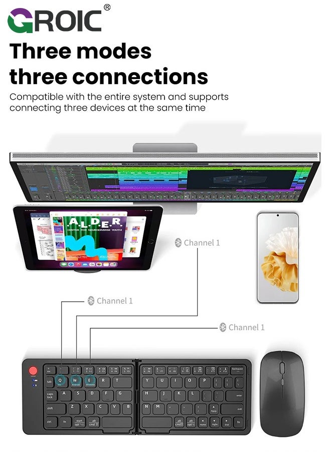 GROIC Foldable Bluetooth Keyboard and Mouse Combo, Rechargeable Wireless Ultra Slim Pocket Size, Compatible with iOS Windows Android, for Computer PC Laptop MacBook iPad iPhone Smartphone Tablet  - Image 4