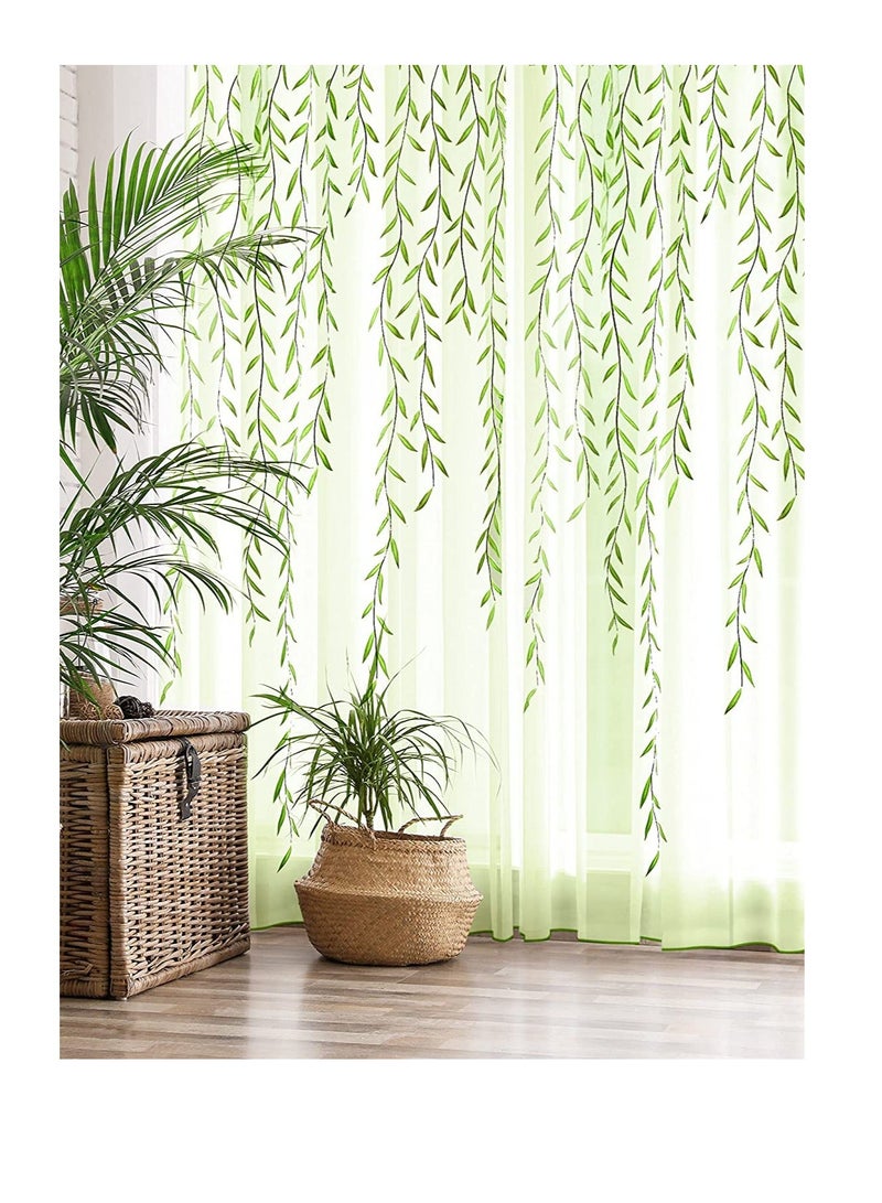 XiuWoo Green Sheer Curtains 39 X 106 Inches Long 2 Panels, Semi Voile Window Curtains, Willow Botanical Curtain for Living Room Balcony Sunroom Closet Doorway,Light - Image 1