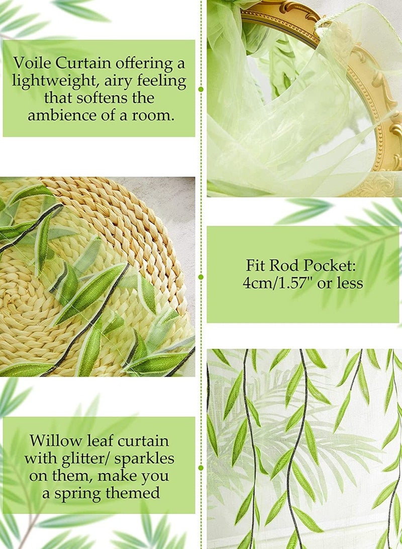 XiuWoo Green Sheer Curtains 39 X 106 Inches Long 2 Panels, Semi Voile Window Curtains, Willow Botanical Curtain for Living Room Balcony Sunroom Closet Doorway,Light - Image 2