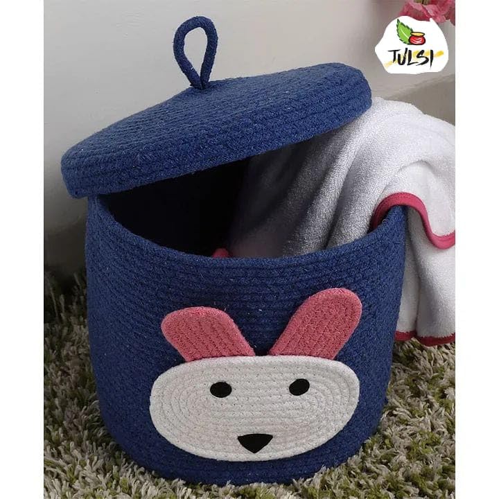 Rosslyn Kids Lid Basket with Beautiful Characters - Rope Storage Basket for Baby Diaper, Stuffed Animal Storage Bin Rope Basket for Kids Toy, Baby Laundry Baskets with lid - Blue Rabbitt