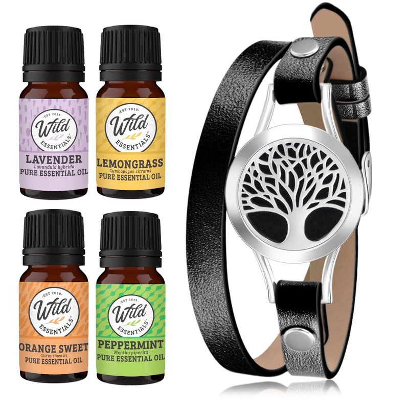 mEssentials Wild Essentials Tree of Life Essential Oil Leather Wrap Bracelet Diffuser Kit Gift Set Lavender Lemongrass Peppermint Orange Oils 12 Pads Customizable Color Changing Perfume Jewelry Black 