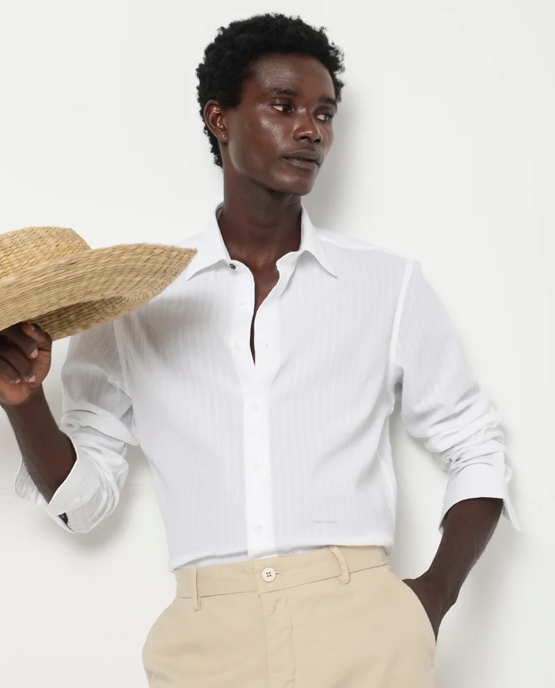 Rare Rabbit Rare Rabbit Men's Anemo White Cotton Fabric Full Sleeves Striped Shirt