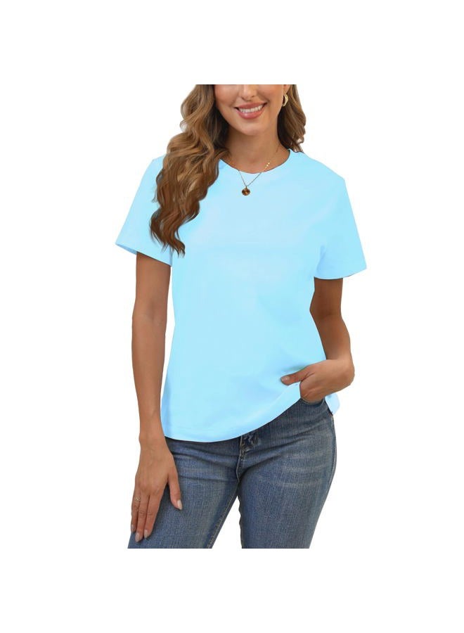 BJY Cotton Basic T Shirts for Women,Crew Neck Short Sleeve Summer Shirts,Solid Loose Fit Tshirt, Plain Workout Tops, Undershirts, 0-light-blue, XL - Image 1