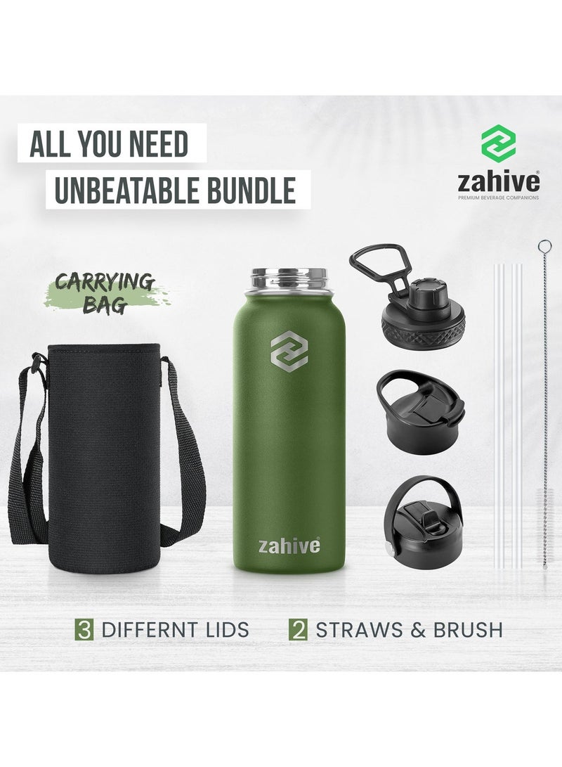 Zahive Insulated Stainless Steel Water Bottle 1000ml with Straw, 3 Lids & Bag - Double Wall Vacuum Thermos for Hot & Cold Drinks, Leak Proof, Wide Mouth, Black - Image 2