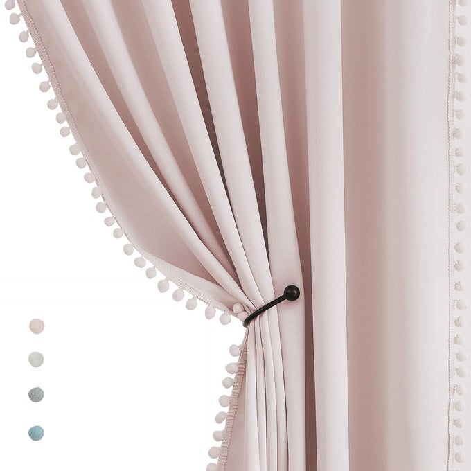 Pompom Blackout Curtains for Bedroom Pink Girls 84 inch Energy Efficient Thermal Insulated Living Room Darkening Curtain Panels for Kitchen Nursery Room 52 w x2 Panels Rod Pocket