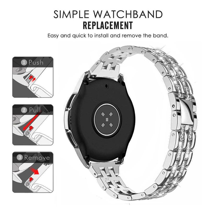 DEALELE Bands Compatible with Samsung Galaxy Watch 3 (41mm), 20mm Slim Diamond Stainless Steel Metal Bracelet with Rhinestone Bezel Ring Case Cover Replacement for Women Men (Silver) - Image 3