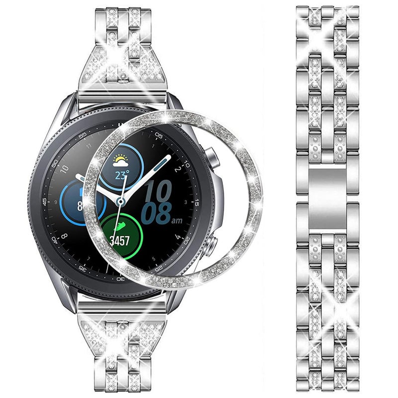 DEALELE Bands Compatible with Samsung Galaxy Watch 3 (41mm), 20mm Slim Diamond Stainless Steel Metal Bracelet with Rhinestone Bezel Ring Case Cover Replacement for Women Men (Silver) - Image 1