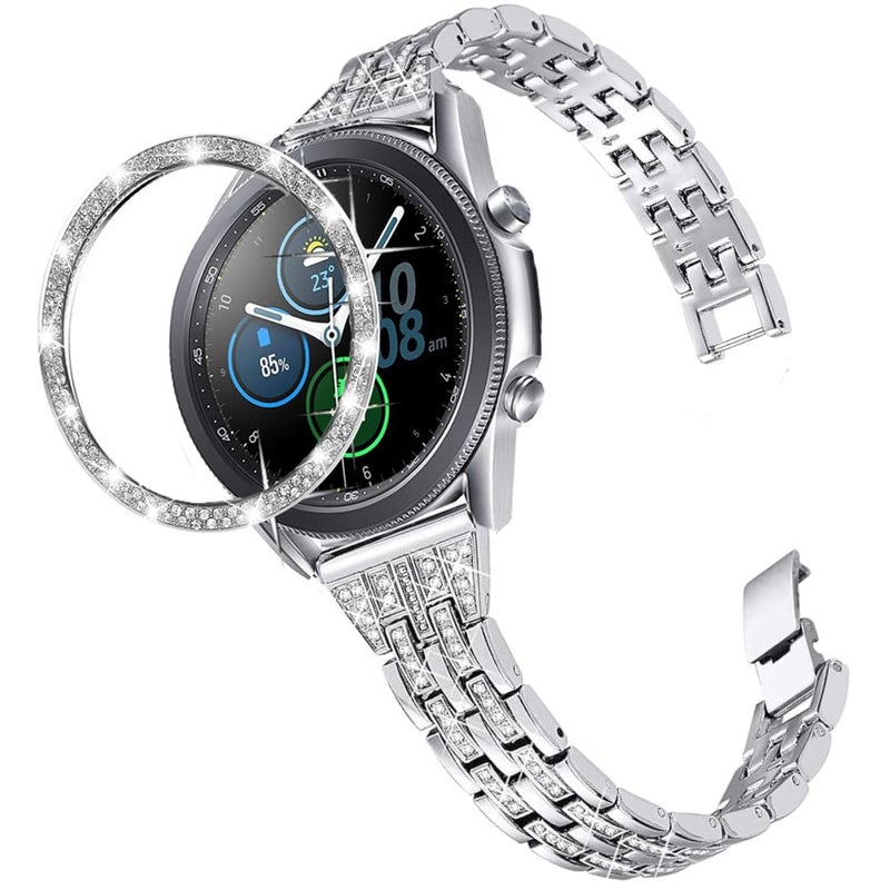 DEALELE Bands Compatible with Samsung Galaxy Watch 3 (41mm), 20mm Slim Diamond Stainless Steel Metal Bracelet with Rhinestone Bezel Ring Case Cover Replacement for Women Men (Silver) - Image 2