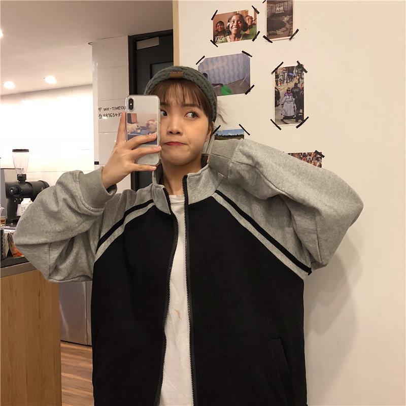 Fall 2020 sports jacket womens Korean-style Harajuku bf long-sleeved student loose baseball uniform cardigan jacket top clothes Black 