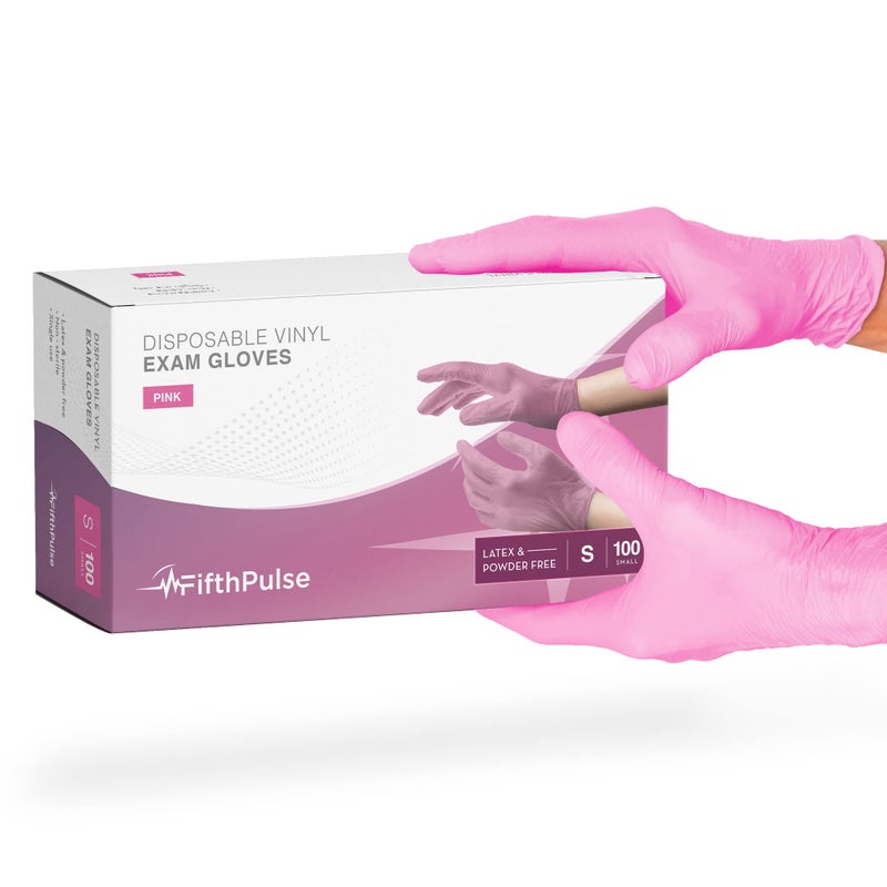 FifthPulse Pink Vinyl Disposable Gloves - Small, 100 Pack - Latex & Powder Free Medical Exam, Surgical & Cleaning Gloves - 3 Mil Thickness - Image 1