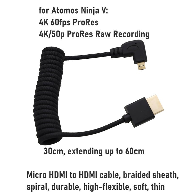 كابل مرن من Micro-HDMI إلى HDMI 4K60 8K لـ ATOMOS Ninja V Ultra، Sony ZV-E10 A7C A7R4 A6700، Canon R6II R5C R10، Lumix S5 S9 G100، Fujifilm X-T50، بربطانة سوداء ملفوف 30 سم - Image 3