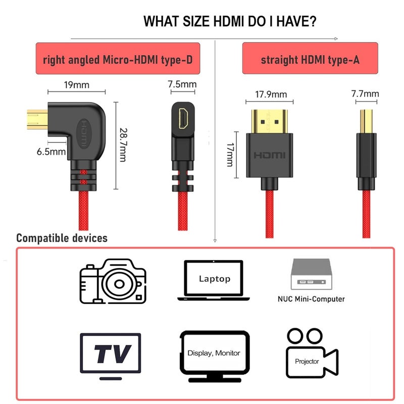 كابل مرن من Micro-HDMI إلى HDMI 4K60 8K لـ ATOMOS Ninja V Ultra، Sony ZV-E10 A7C A7R4 A6700، Canon R6II R5C R10، Lumix S5 S9 G100، Fujifilm X-T50، بربطانة سوداء ملفوف 30 سم - Image 5