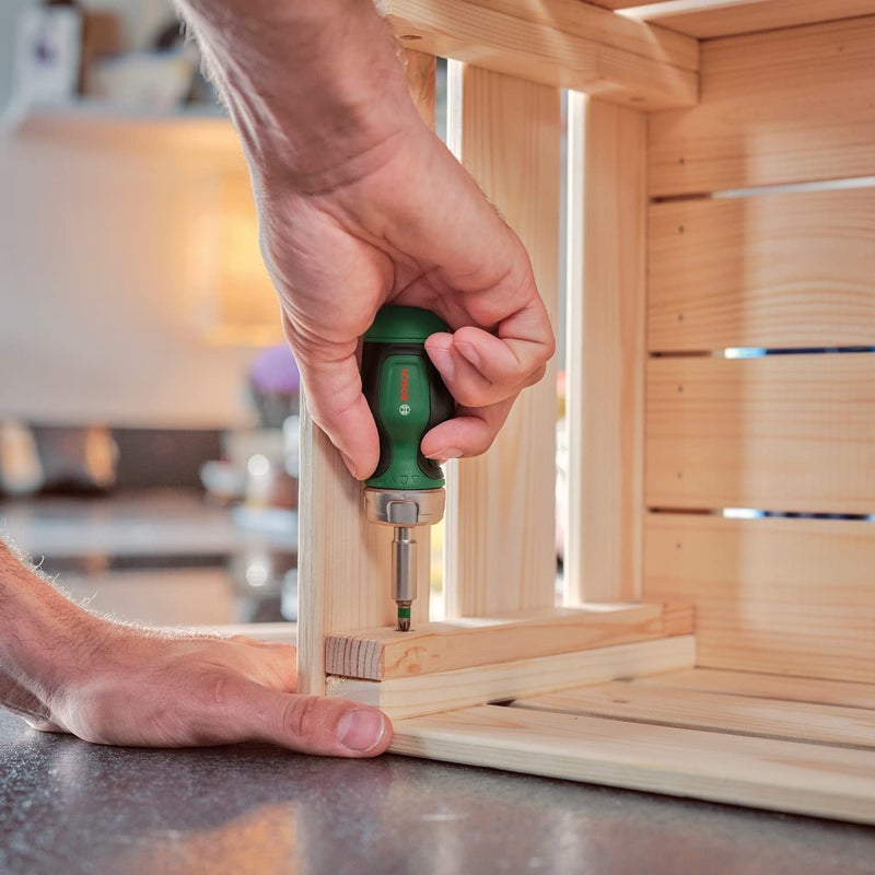 BOSCH Stubby Ratchet Screwdriver | Compact & Ergonomic Design | Ratchet Mechanism | 6 Steel Bits | Soft-Grip Handle,1 Pc - Image 5