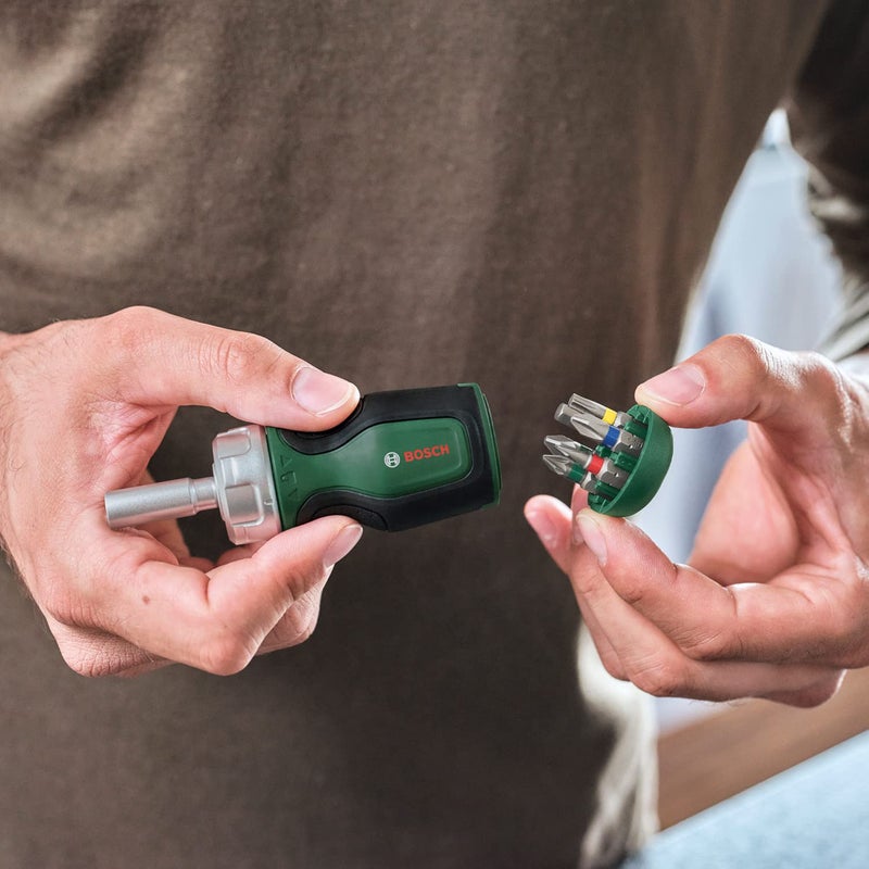 BOSCH Stubby Ratchet Screwdriver | Compact & Ergonomic Design | Ratchet Mechanism | 6 Steel Bits | Soft-Grip Handle,1 Pc - Image 3