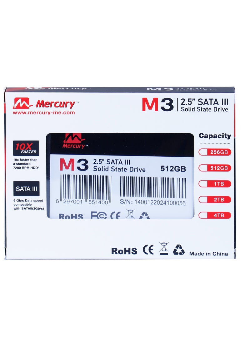 Mercury - Mercury SSD M3-Series 2.5" SATA III - 3D NAND/SATA III 6 Gb/s SATA II 3 Gb/s,Up to 550MB/s read speed,520MB/s write speed (M3-512) - Image 1