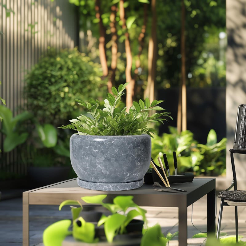 SQOWL Ceramic Pot for Plants - 10 Inch Plant Pot Indoor with Drainage Hole and Saucer, Round Ceramic Planter, Decorative Large Flower Pot Outdoor, Home Office Room Decor, Garden Gifts, Gray - Image 5