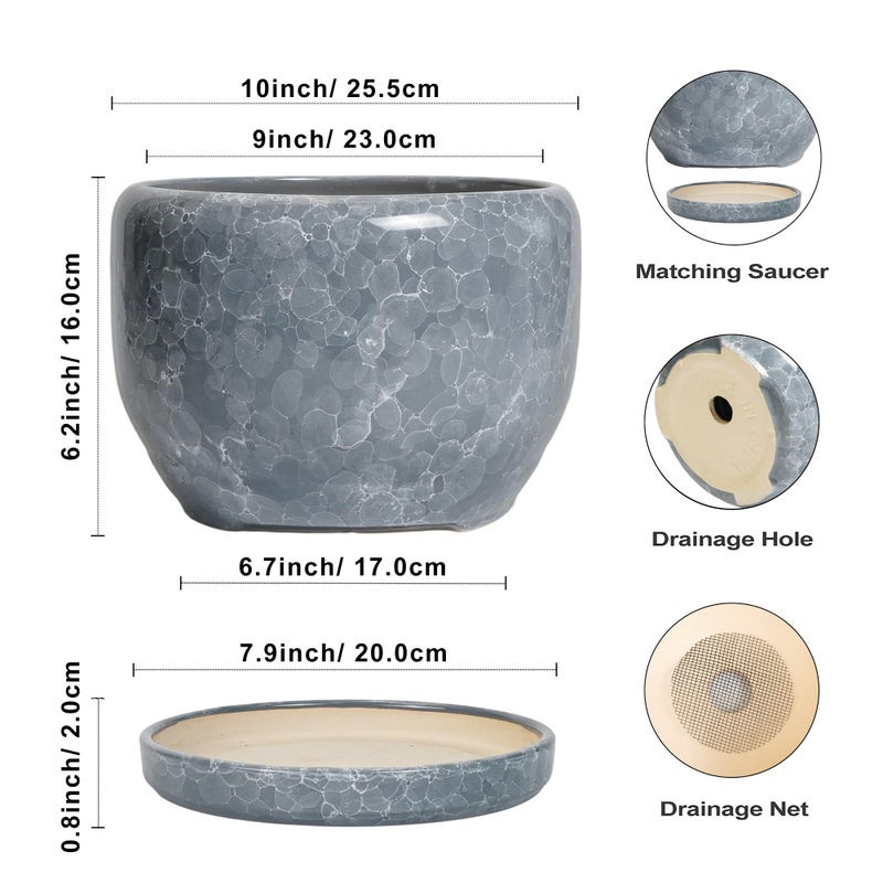 SQOWL Ceramic Pot for Plants - 10 Inch Plant Pot Indoor with Drainage Hole and Saucer, Round Ceramic Planter, Decorative Large Flower Pot Outdoor, Home Office Room Decor, Garden Gifts, Gray - Image 3