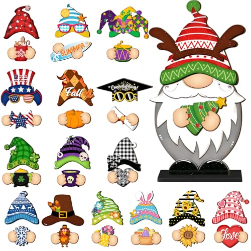 Blulu 34 Pcs Christmas Interchangeable Wooden Gnome Decor DIY Holiday Christmas Seasonal Tiered Tray Decoration Gnomes with Magnet Pieces Welcome Sign for Xmas Holiday Decorations (Classic) - Image 1