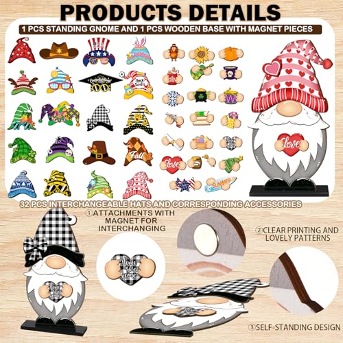 Blulu 34 Pcs Christmas Interchangeable Wooden Gnome Decor DIY Holiday Christmas Seasonal Tiered Tray Decoration Gnomes with Magnet Pieces Welcome Sign for Xmas Holiday Decorations (Classic) - Image 3
