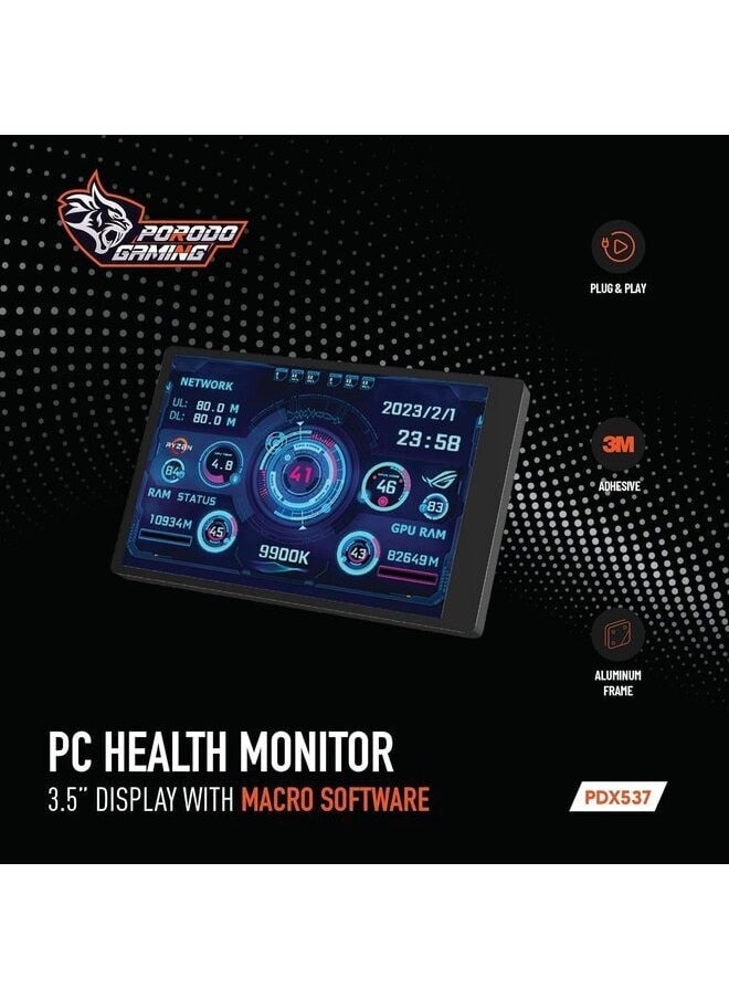 porodo - Porodo Gaming PC Temp Monitor, 3.5" IPS Display, CPU and RAM Speed Data Monitoring With Macro Software, Compact and Portable Design for PC and Gaming Consoles, USB Type C, Computer Health Monitor - Image 1