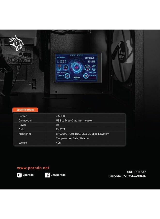 porodo - Porodo Gaming PC Temp Monitor, 3.5" IPS Display, CPU and RAM Speed Data Monitoring With Macro Software, Compact and Portable Design for PC and Gaming Consoles, USB Type C, Computer Health Monitor - Image 1
