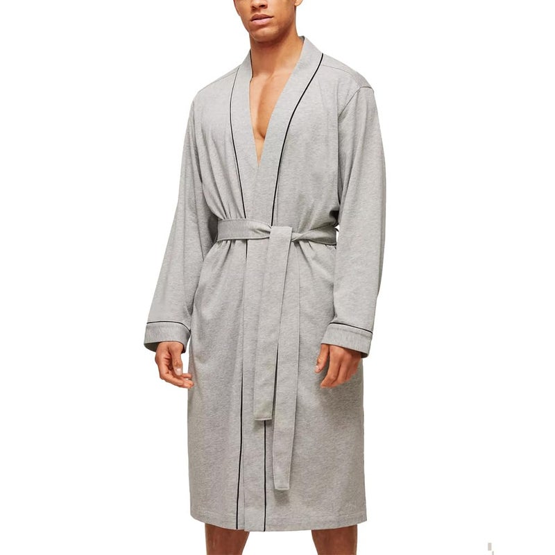 HOLOVE Mens Cotton Robes lightweight soft Knee Length Summer Knit Kimono Bathrobe For Men Grey LXL