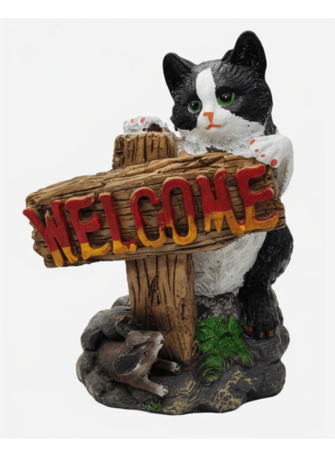 أي كي دي سي تمثال قطة من مادة البولي ريزين من AKDC مع لوحة ترحيبية - قطعة ديكور ساحرة للمدخل والمنزل، 20 سم - Image 1