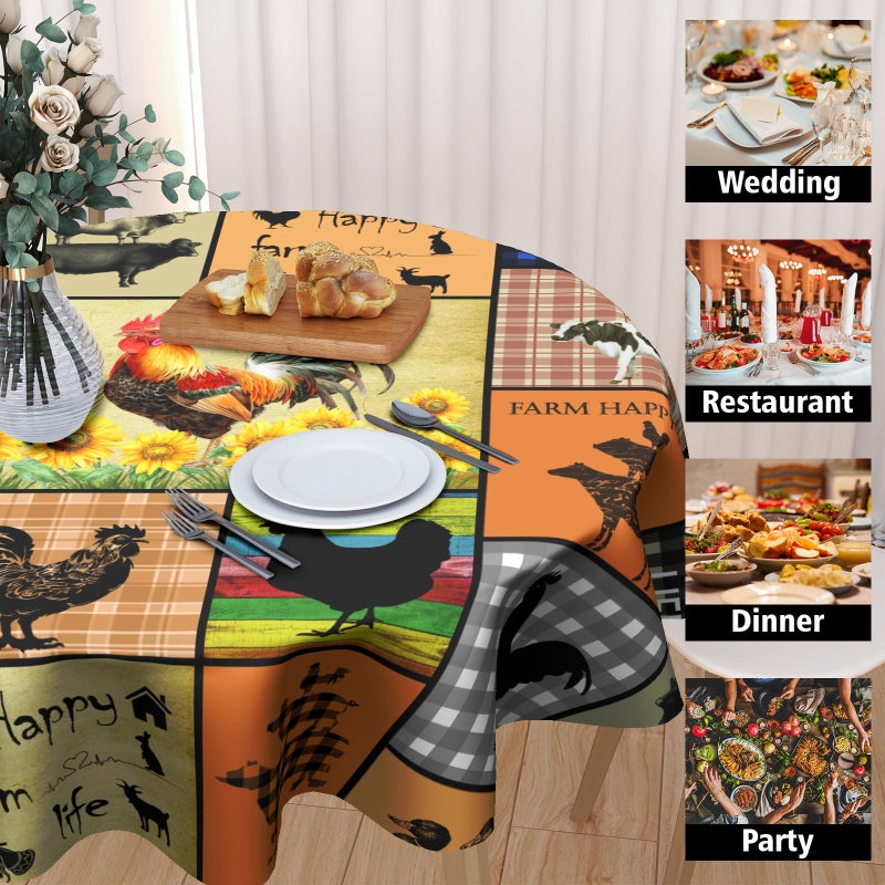 Granbey Farmhouse Rooster Round Table Cloth - Farm Animal Tablecloths Hen Chicken Cattle Ducks Sunflower Table Cover Decoration for Dining Kitchen Picnic Party Decor 60 Inch - Image 4
