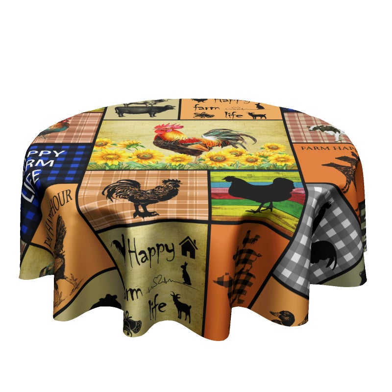 Granbey Farmhouse Rooster Round Table Cloth - Farm Animal Tablecloths Hen Chicken Cattle Ducks Sunflower Table Cover Decoration for Dining Kitchen Picnic Party Decor 60 Inch - Image 1