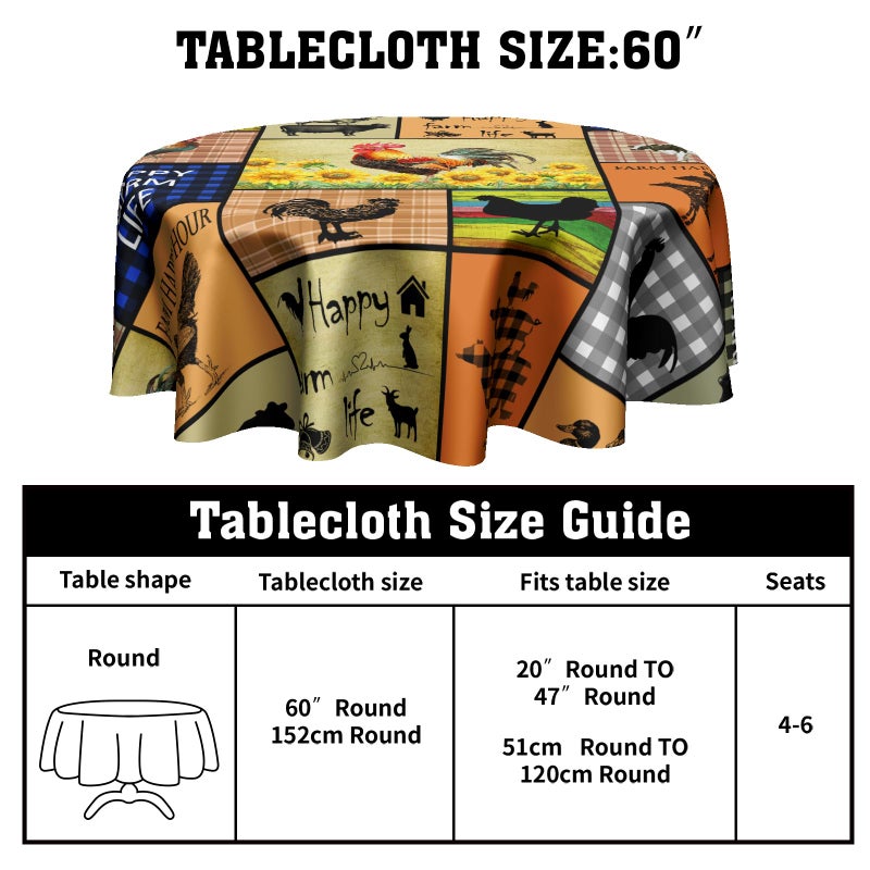 Granbey Farmhouse Rooster Round Table Cloth - Farm Animal Tablecloths Hen Chicken Cattle Ducks Sunflower Table Cover Decoration for Dining Kitchen Picnic Party Decor 60 Inch - Image 2