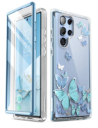 I-blason iBlason Samsung Galaxy S22 Ultra 5G Case 2022 Case with Built in Screen Protector Cosmo Series Glitter Pattern Slim Full Body Protection 360 Shockproof Blue Butterfly - Image 1
