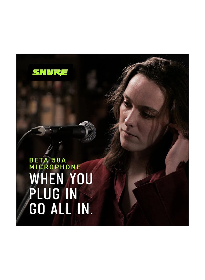 Shure - Vocal Microphone - Single Element Supercardioid Dynamic Mic For Stage Studio, Includes A25D Adjustable Stand Adapter, 5/8 To 3/8 Inch Euro Thread Adapter And Storage Bag Beta 58A Silver - Image 1