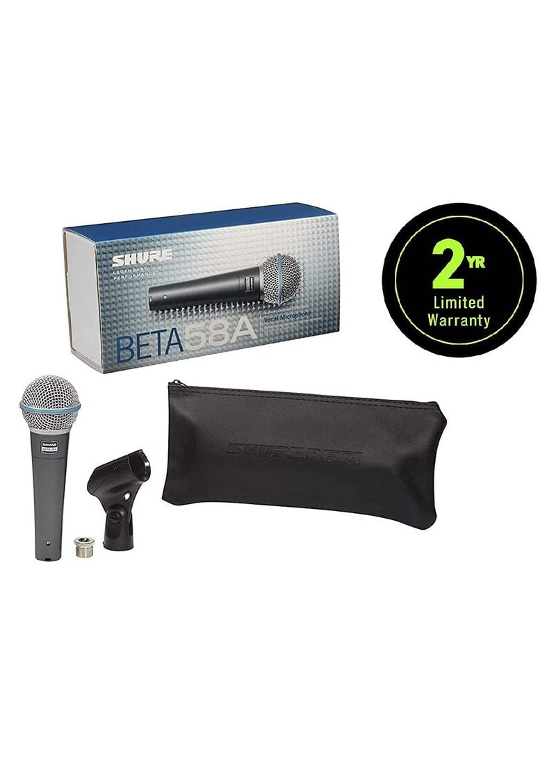 Shure - Vocal Microphone - Single Element Supercardioid Dynamic Mic For Stage Studio, Includes A25D Adjustable Stand Adapter, 5/8 To 3/8 Inch Euro Thread Adapter And Storage Bag Beta 58A Silver - Image 1