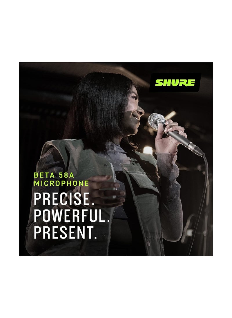 Shure - Vocal Microphone - Single Element Supercardioid Dynamic Mic For Stage Studio, Includes A25D Adjustable Stand Adapter, 5/8 To 3/8 Inch Euro Thread Adapter And Storage Bag Beta 58A Silver - Image 1