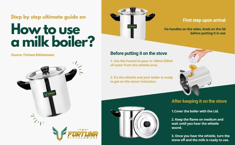 FORTUNA KITCHENWARE Fortuna, 1.5 Litre, 5-Star Stainless Steel Milk Boiler | Steel Milk Pot with Lid | Milk Cooker with Handle, Knob, Whistle | Milk Pan, Induction Compatible (1.5 litres) - Image 5