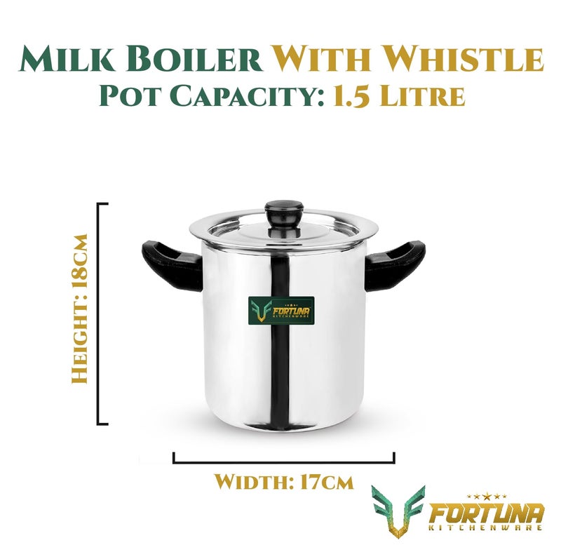FORTUNA KITCHENWARE Fortuna, 1.5 Litre, 5-Star Stainless Steel Milk Boiler | Steel Milk Pot with Lid | Milk Cooker with Handle, Knob, Whistle | Milk Pan, Induction Compatible (1.5 litres) - Image 2