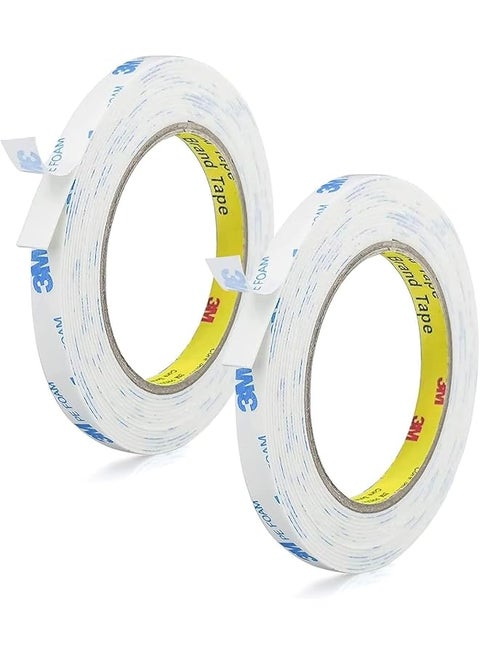 2pcs Strongest Double Sided Tape,Waterproof Heavy Duty Mounting Tape Made of 3M PE, Length 9.84 Ft，Width 0.4in, Strong Adhesive Foam Tape for Walls Decor Picture Strips(white）